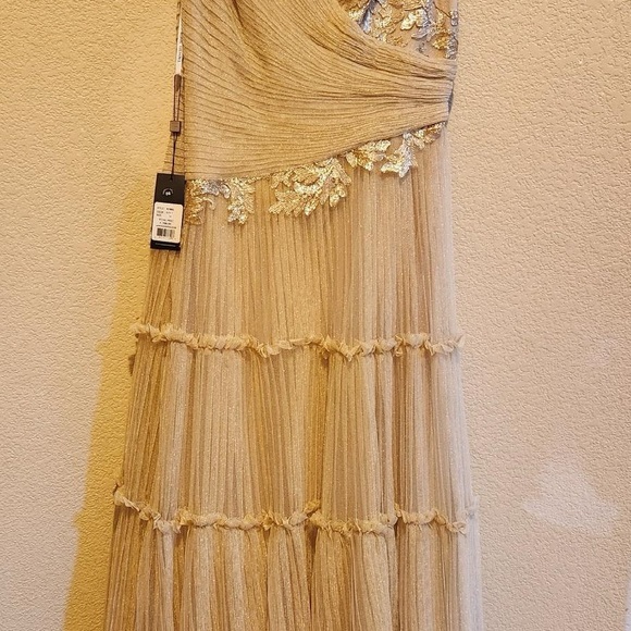 Tadashi Shoji Gold One Shoulder Pleated Gown - Picture 6 of 8